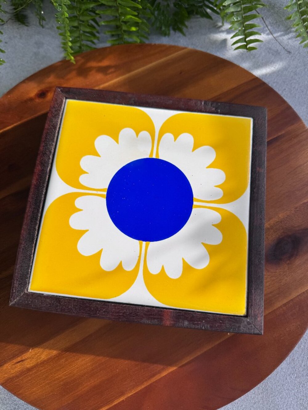 Vintage MCM Ceramic Tile Trivet Wood Frame Flower Power Hot Plate Made in Brazil